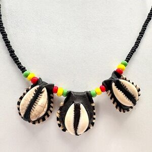Vintage 90s Cowrie Shell Leather Necklace Afrocentric Boho Beaded Ethnic Jewelry